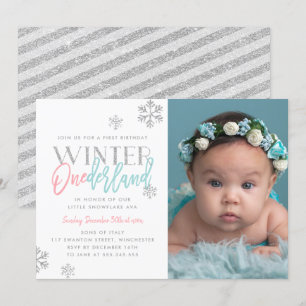Invitación Winter ONEderland Plata Rosa Azul 1er cumpleaños F