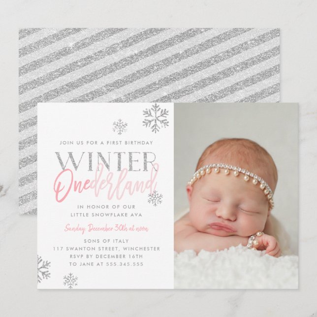 Invitación Winter ONEderland Plata Rosa Primer cumpleaños Fot (Anverso / Reverso)