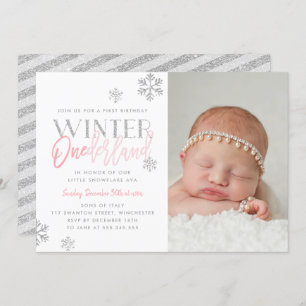 Invitación Winter ONEderland Plata Rosa Primer cumpleaños Fot