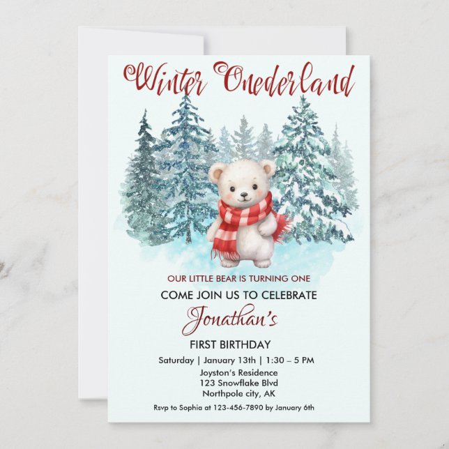 Invitación Winter Onederland Primer Birthday Cute Bear Forest (Anverso)