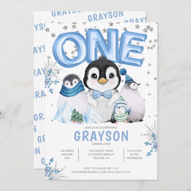 Invitación Winter Onederland primer cumpleaños azul (Anverso / Reverso)