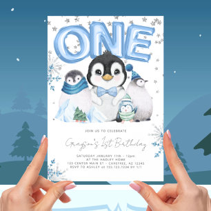 Invitación Winter Onederland primer cumpleaños azul