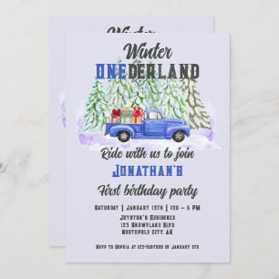 Invitación Winter Onederland Primer cumpleaños Camiones azule