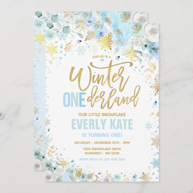 Invitación Winter ONEderland Primer cumpleaños Casa Azul (Anverso / Reverso)