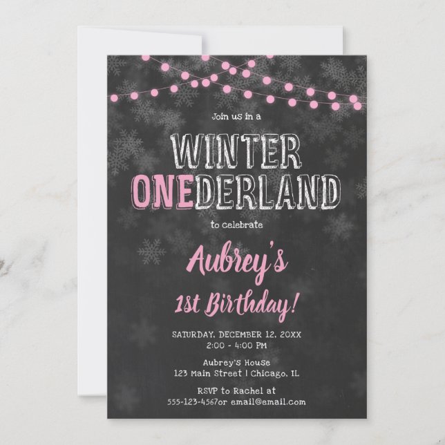 Invitación Winter Onederland Primer cumpleaños chica negro ro (Anverso)
