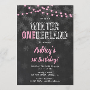 Invitación Winter Onederland Primer cumpleaños chica negro ro