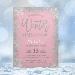 Invitación Winter ONEderland Primer cumpleaños Chica rosado p