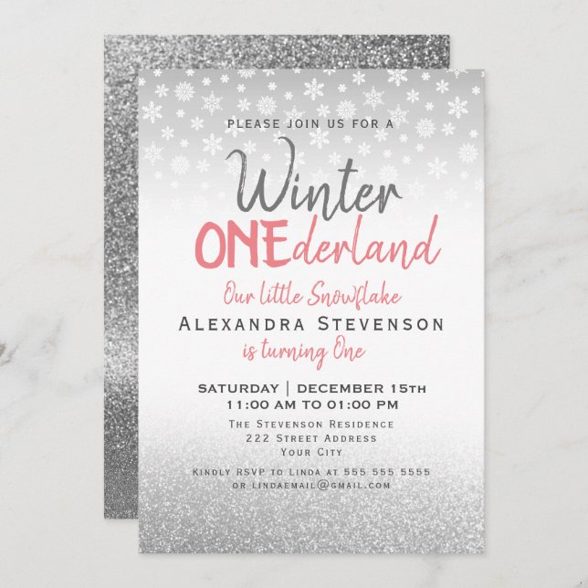 Invitación Winter ONEderland Primer cumpleaños copos de nieve (Anverso / Reverso)