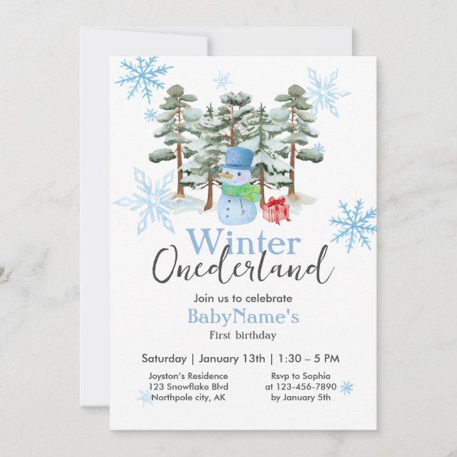 Invitación Winter Onederland Primer cumpleaños Cute Snowman B (Anverso)