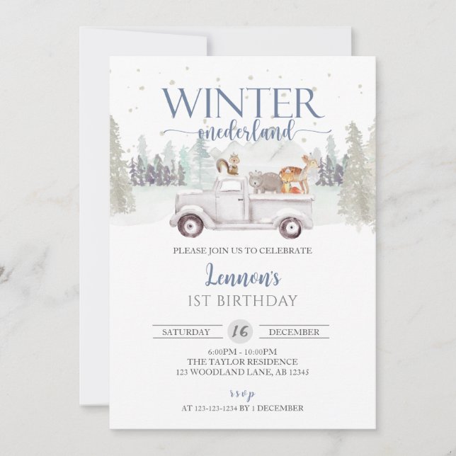 Invitación Winter ONEderland, primer cumpleaños de Winter Boy (Anverso)