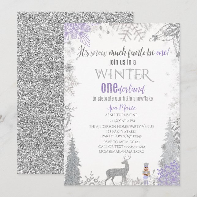 Invitación Winter Onederland Primer cumpleaños Lavanda Copo d (Anverso / Reverso)