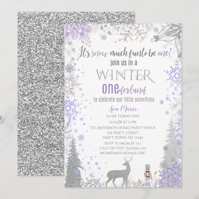 Invitación Winter Onederland Primer cumpleaños Lavanda Copo d (Anverso / Reverso)