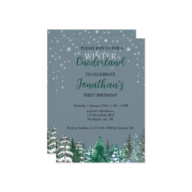 Invitación Winter Onederland Primer cumpleaños paisaje nevado (Anverso/Reverso In Situ)