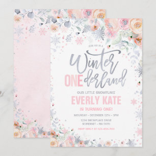 Invitación Winter ONEderland primer cumpleaños rosado platead