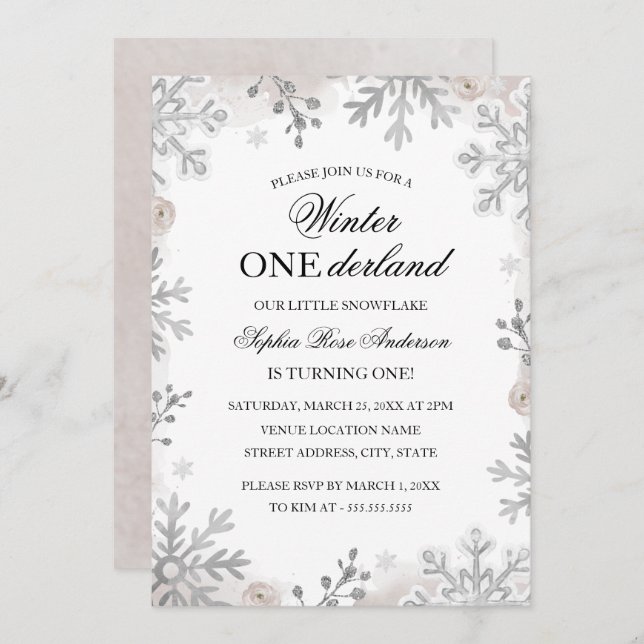 Invitación Winter Onederland Primer cumpleaños Rubor Snowflak (Anverso / Reverso)