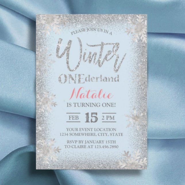 Invitación Winter ONEderland Primer cumpleaños Silver Snowfla (Subido por el creador)