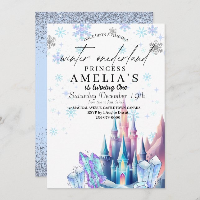 Invitación Winter Onederland Princess Castle 1º cumpleaños (Anverso / Reverso)