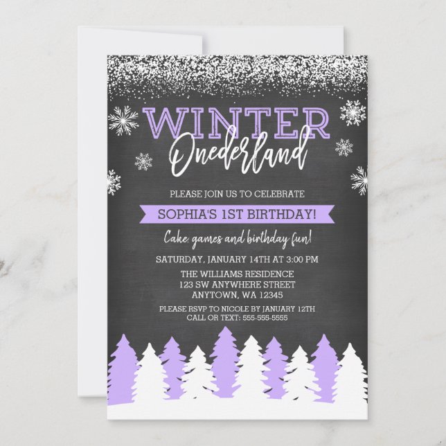 Invitación Winter Onederland Purple Chalkboard 1º cumpleaños (Anverso)