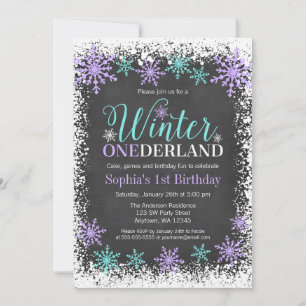 Invitación Winter ONEderland Purple Chalkboard 1er cumpleaños