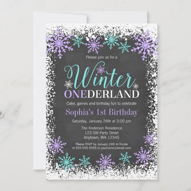Invitación Winter ONEderland Purple Chalkboard 1er cumpleaños (Anverso)
