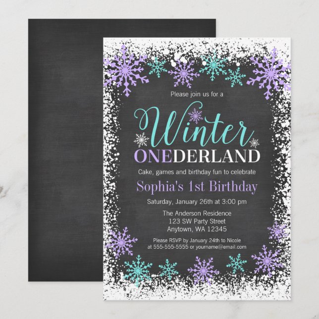 Invitación Winter ONEderland Purple Chalkboard 1er cumpleaños (Anverso / Reverso)