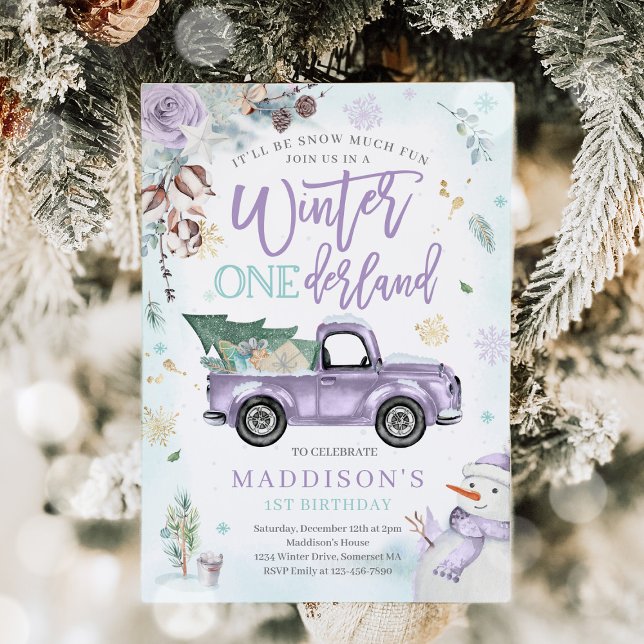 Invitación Winter ONEderland Purple Winter Truck Snowman (Subido por el creador)