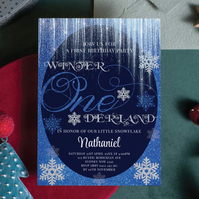 Invitación Winter ONEderland Purpurina Azul primer cumpleaños (Subido por el creador)