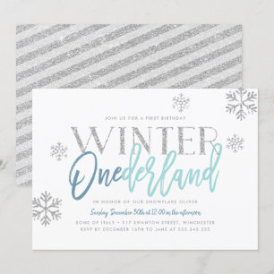 Invitación Winter ONEderland Purpurina Plata Azul primer cump