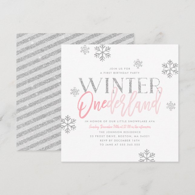 Invitación Winter ONEderland Purpurina Plata Pink Primer cump (Anverso / Reverso)