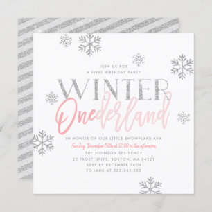 Invitación Winter ONEderland Purpurina Plata Pink Primer cump