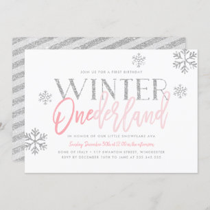 Invitación Winter ONEderland Purpurina Plata Pink Primer cump