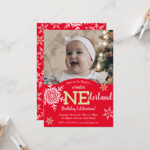 Invitación Winter ONEderland Red Gold Purpurina Primer cumple