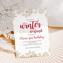 Invitación Winter Onederland Red Primer Cumpleaños Copos de N