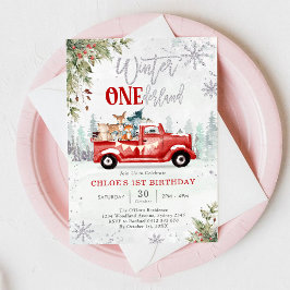 Invitación Winter ONEderland Red Truck 1st Birthday