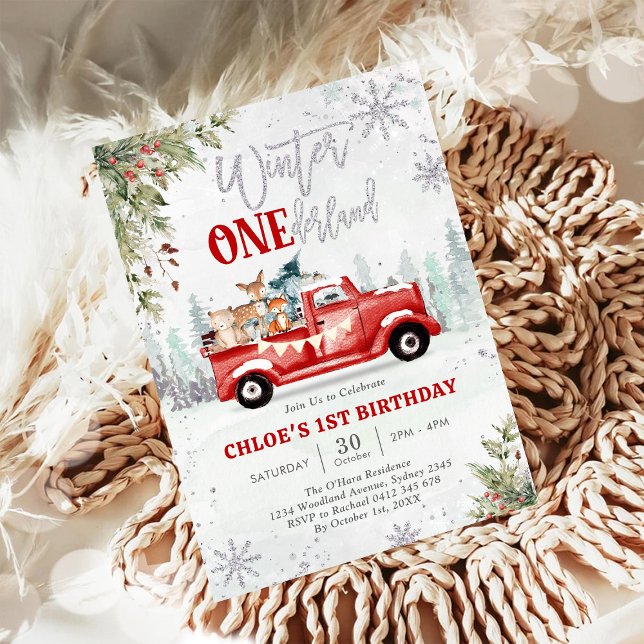 Invitación Winter ONEderland Red Truck Girl 1st Birthday  (Subido por el creador)