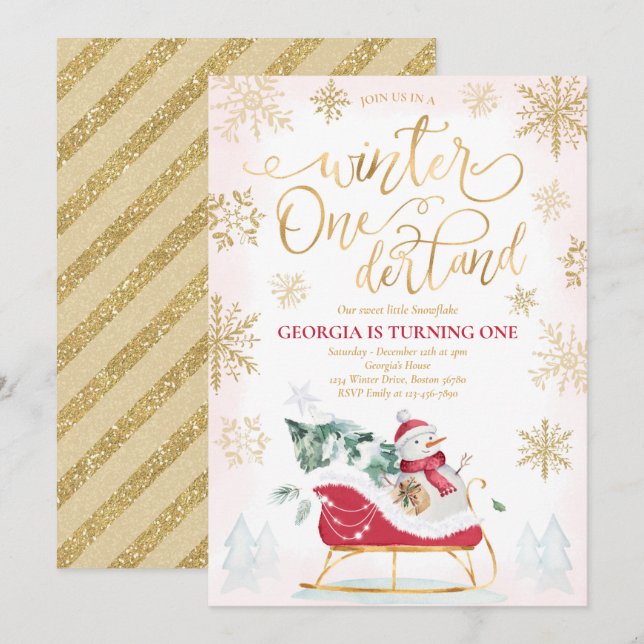 Invitación Winter ONEderland Red Winter Sleigh 1er cumpleaños (Anverso / Reverso)