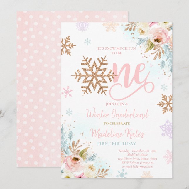 Invitación Winter ONEderland Rosa Gold Rubor Pink Birthday (Anverso / Reverso)