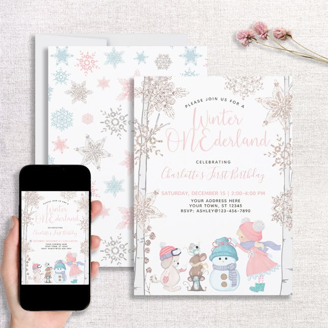 Invitación Winter ONEderland Rosa Oro Primer cumpleaños (Subido por el creador)