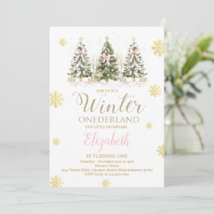 Invitación WINTER ONEderland Rosa y Dorado Falso Cumpleaños 1