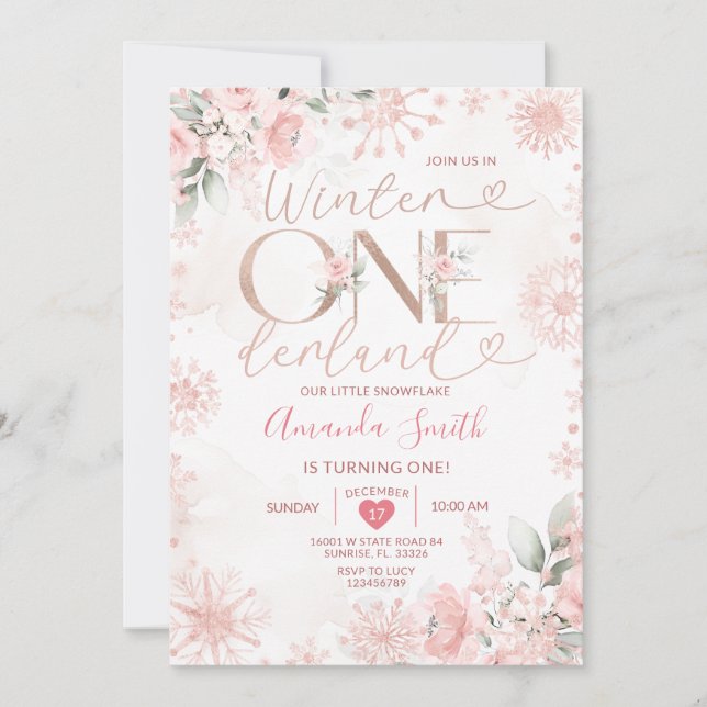 Invitación Winter Onederland Rose Gold Snowflake 1st Birthday (Anverso)