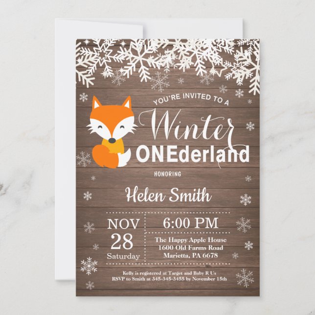 Invitación Winter Onederland Rustic Fox 1er cumpleaños (Anverso)