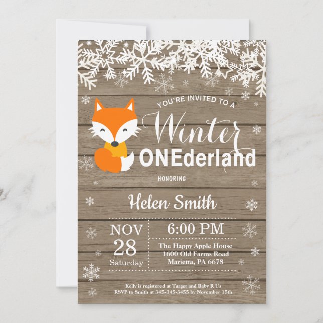 Invitación Winter Onederland Rustic Fox 1er cumpleaños (Anverso)