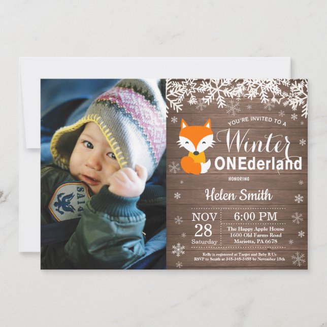 Invitación Winter Onederland Rustic Fox 1er cumpleaños (Anverso)