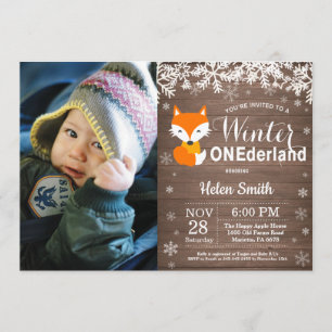 Invitación Winter Onederland Rustic Fox 1er cumpleaños