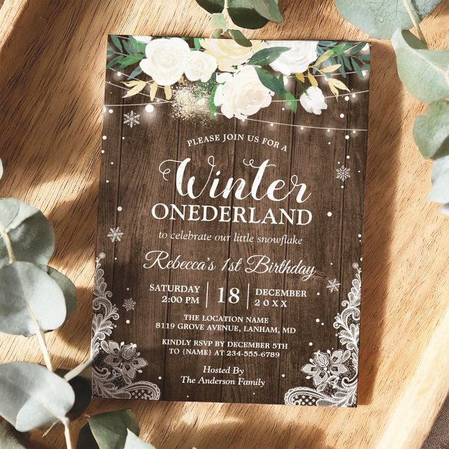 Invitación Winter ONEderland Rústico Floral Baby 1er cumpleañ (Subido por el creador)