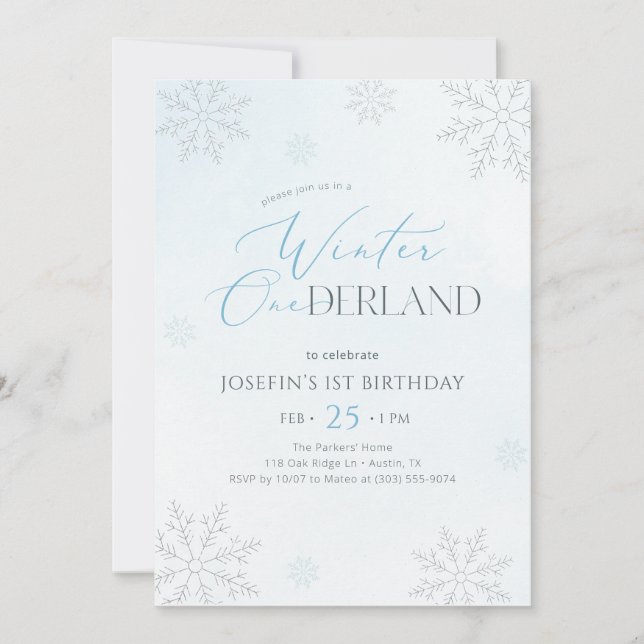 Invitación Winter Onederland Silver Blue Glitter 1st Birthday (Anverso)