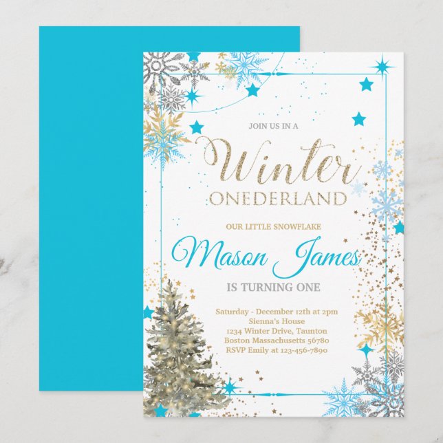 Invitación WINTER ONEderland Silver Blue & Gold 1º cumpleaños (Anverso / Reverso)