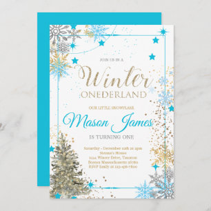 Invitación WINTER ONEderland Silver Blue & Gold 1º cumpleaños