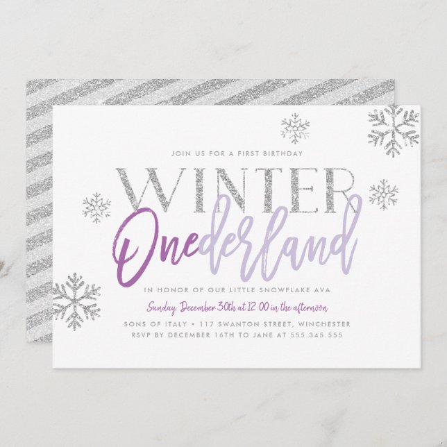 Invitación Winter ONEderland Silver Glitz Purple 1er cumpleañ (Anverso / Reverso)