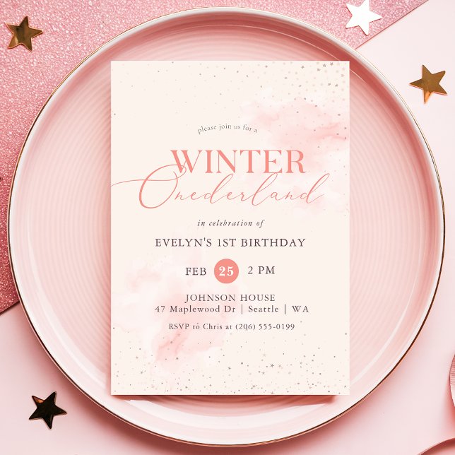 Invitación Winter ONEderland Silver Pink Glitter 1st Birthday (Subido por el creador)